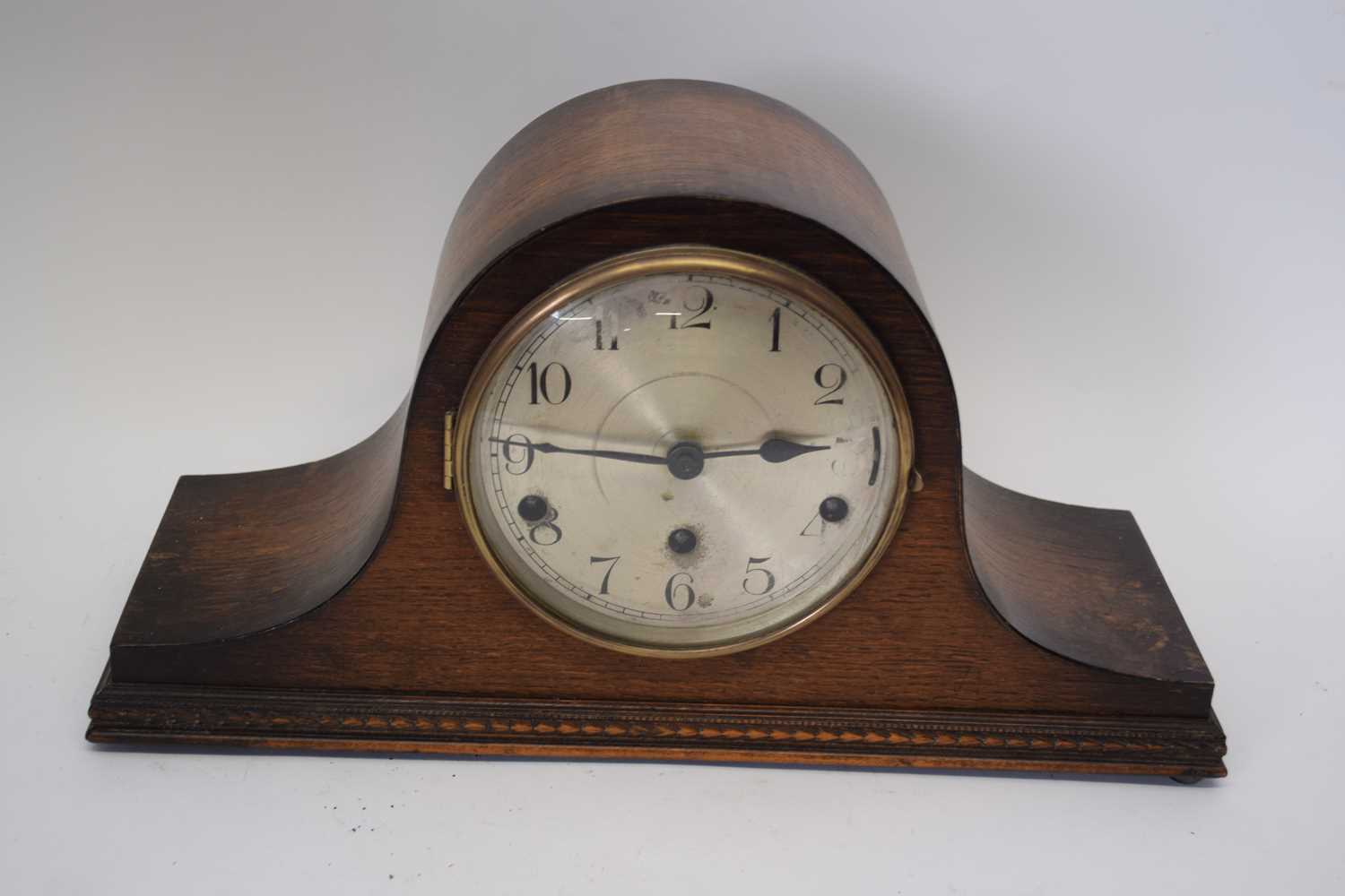 Early 20th century Napoleon hat type oak cased mantel clock with Westminster chime, 42cm wide