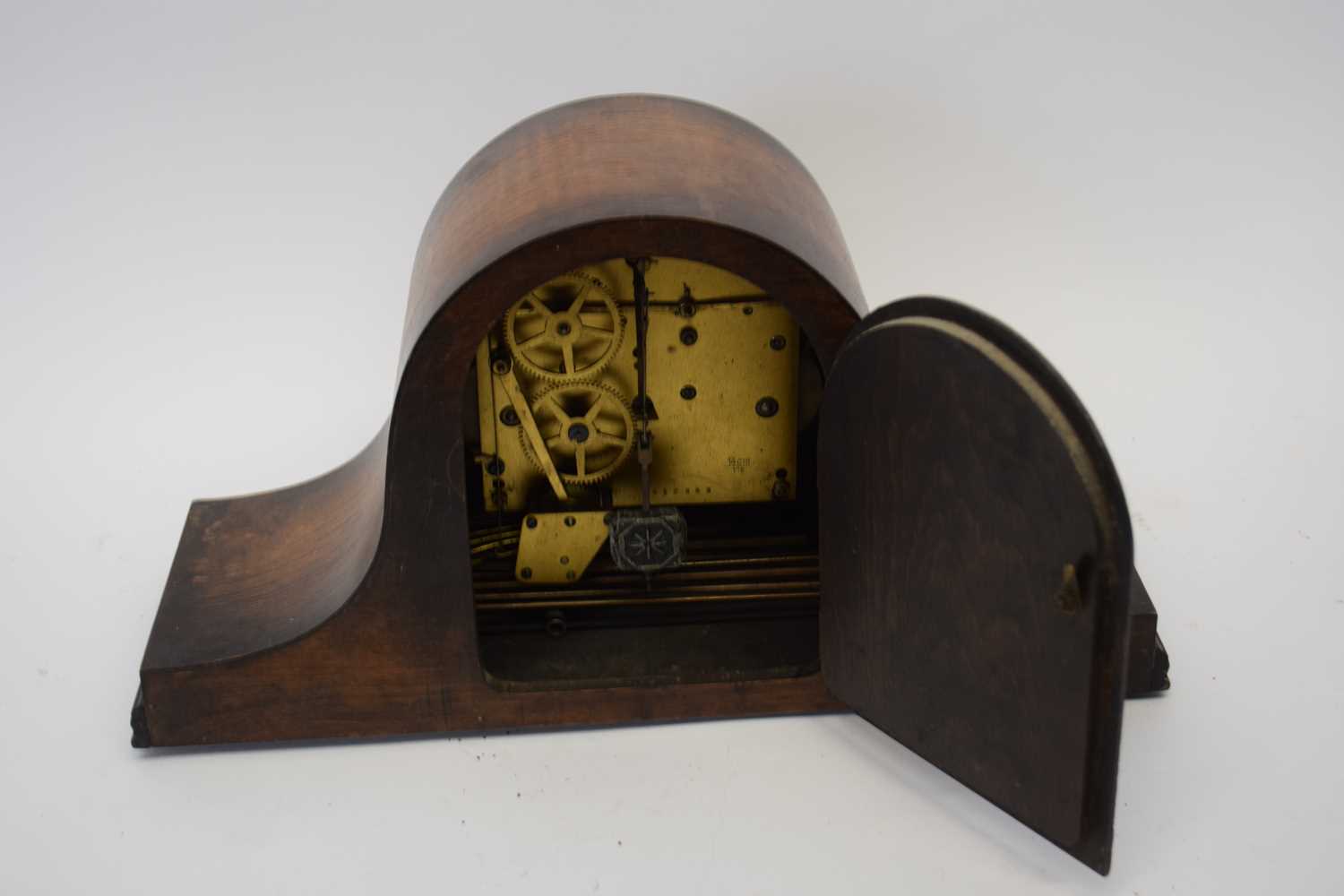 Early 20th century Napoleon hat type oak cased mantel clock with Westminster chime, 42cm wide - Image 2 of 2