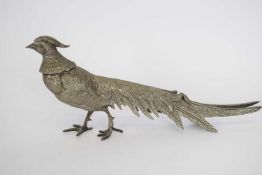 20th century silver plated metal model of a cock pheasant, 30cm long