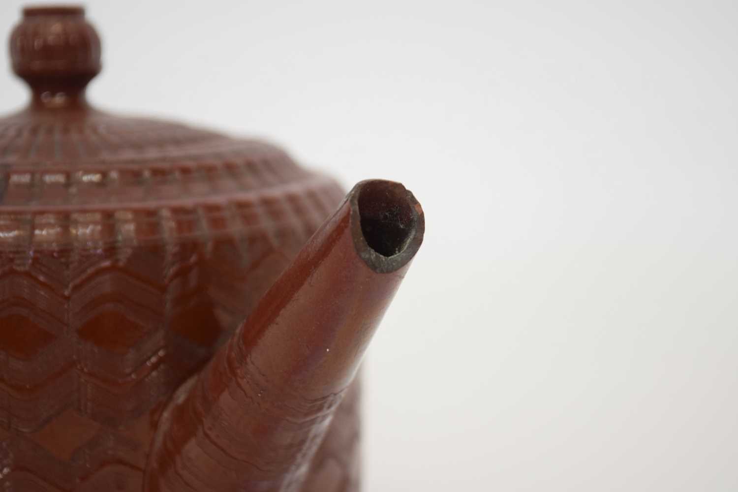 Interesting glazed red ware tea pot, possibly Miles Mason, (chips to spout) - Image 6 of 7