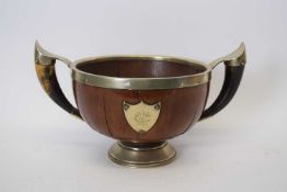 Late 19th/early 20th century oak horn handled and silver plate mounted pedestal bowl, 35cm wide