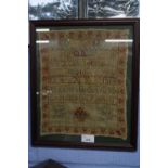 19th century needlework sampler decorated with rows of numbers and letters, signed 'Liza Webb,