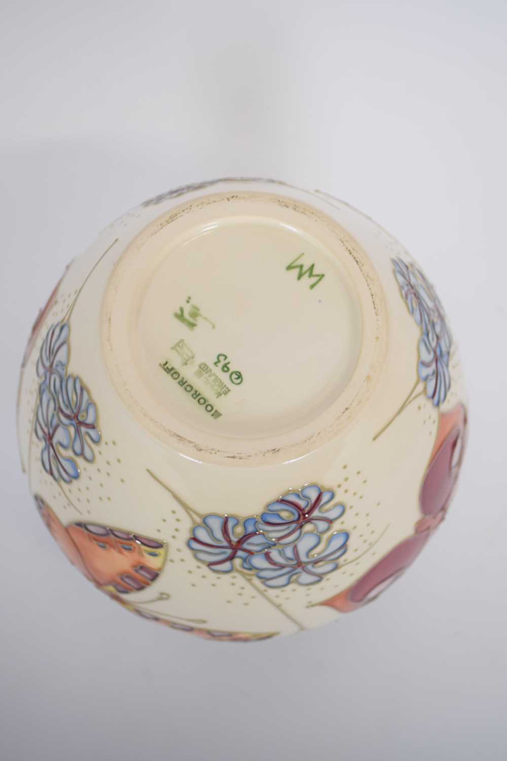 Moorcroft vase with tube lined design of butterflies on a pale beige ground - Image 2 of 6