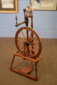 Scandinavian spinning wheel, bobbin turned frame, decorated with chequered inlay, some losses,