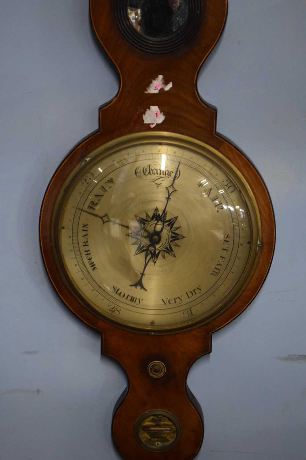 19th century mahogany cased barometer with broken arch pediment over a body with damp/dry meter, - Image 3 of 3