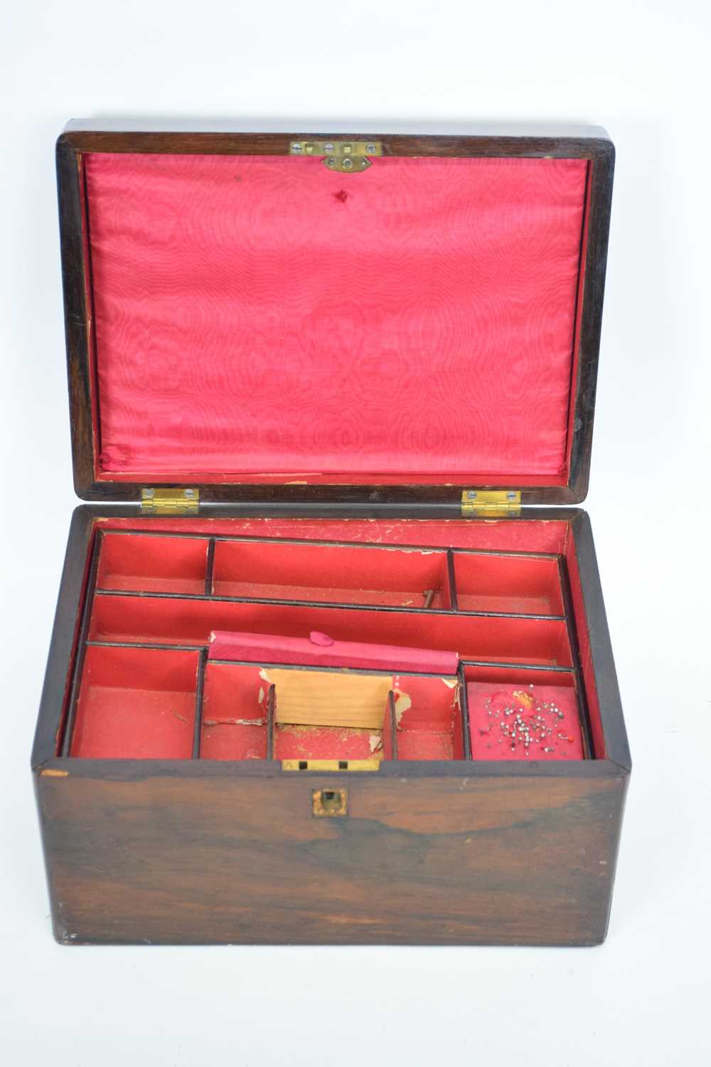 19th century small rosewood veneered sewing box of hinged rectangular form with a fitted interior, - Image 2 of 2