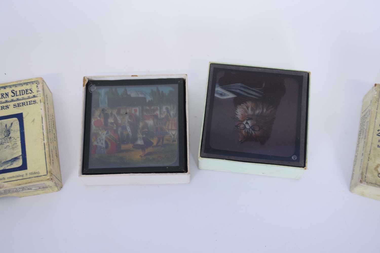 Two boxes of magic lantern slides featuring comical cats and dogs - Image 2 of 2