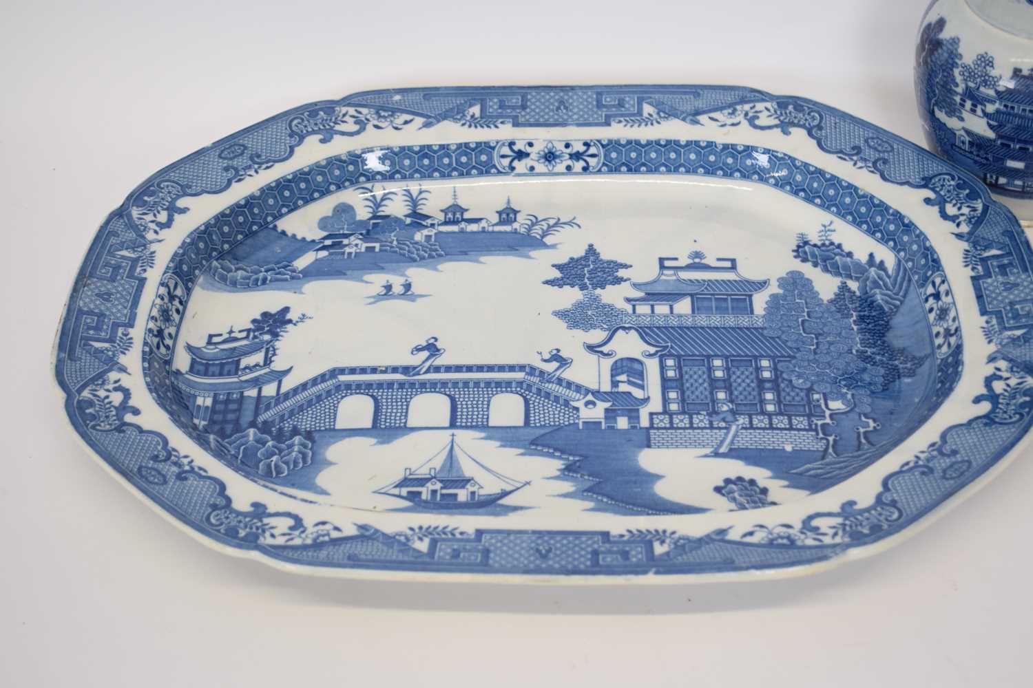 Large pearlware blue and white platter together with a pearlware jug, the platter 50cm long (2) - Image 3 of 3