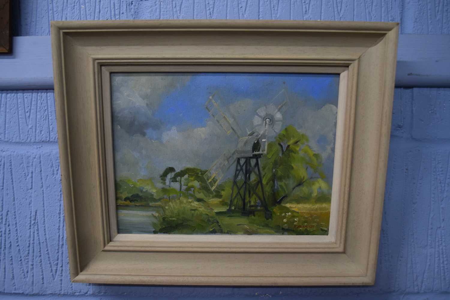 T Fairhurst, signed Oil on board, Wind Pump, 22 x 28cm
