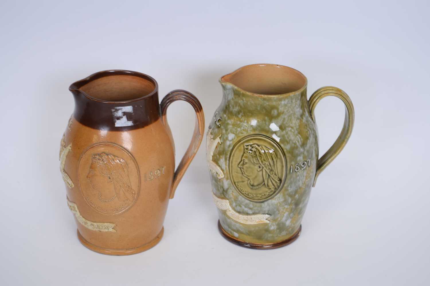 Doulton Lambeth Victorian commemorative jug together with a further green glazed example with - Image 4 of 4