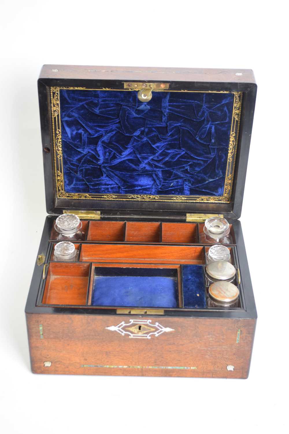 19th century rosewood veneered and mother of pearl inlaid vanity box, fitted interior, with - Image 3 of 3