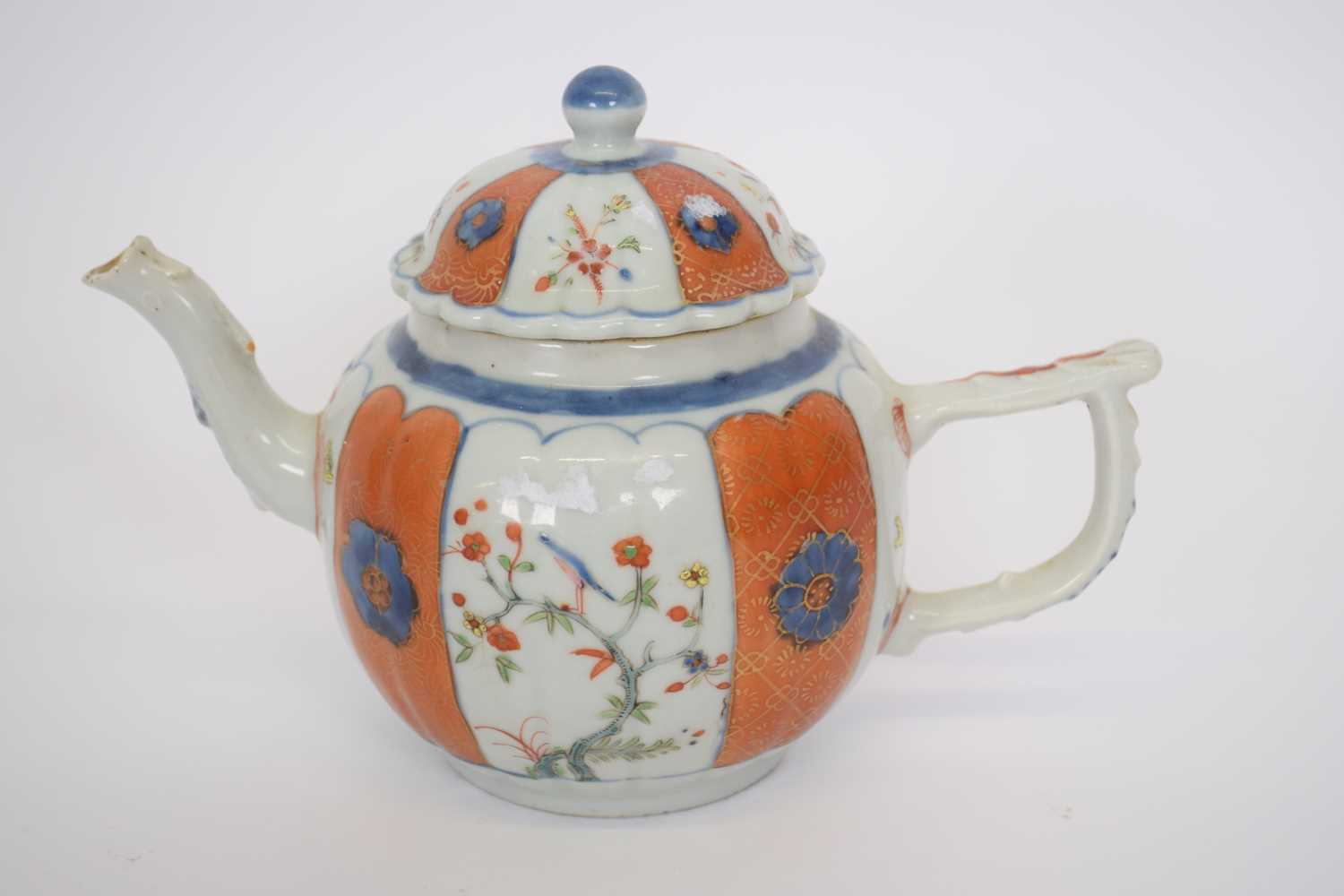 Chinese porcelain tea pot, 18th century, with polychrome design of birds on branches in