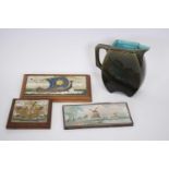 Wedgwood 19th century Majolica style jug and three tiles with tube lined designs of Viking ship
