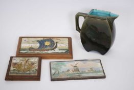 Wedgwood 19th century Majolica style jug and three tiles with tube lined designs of Viking ship