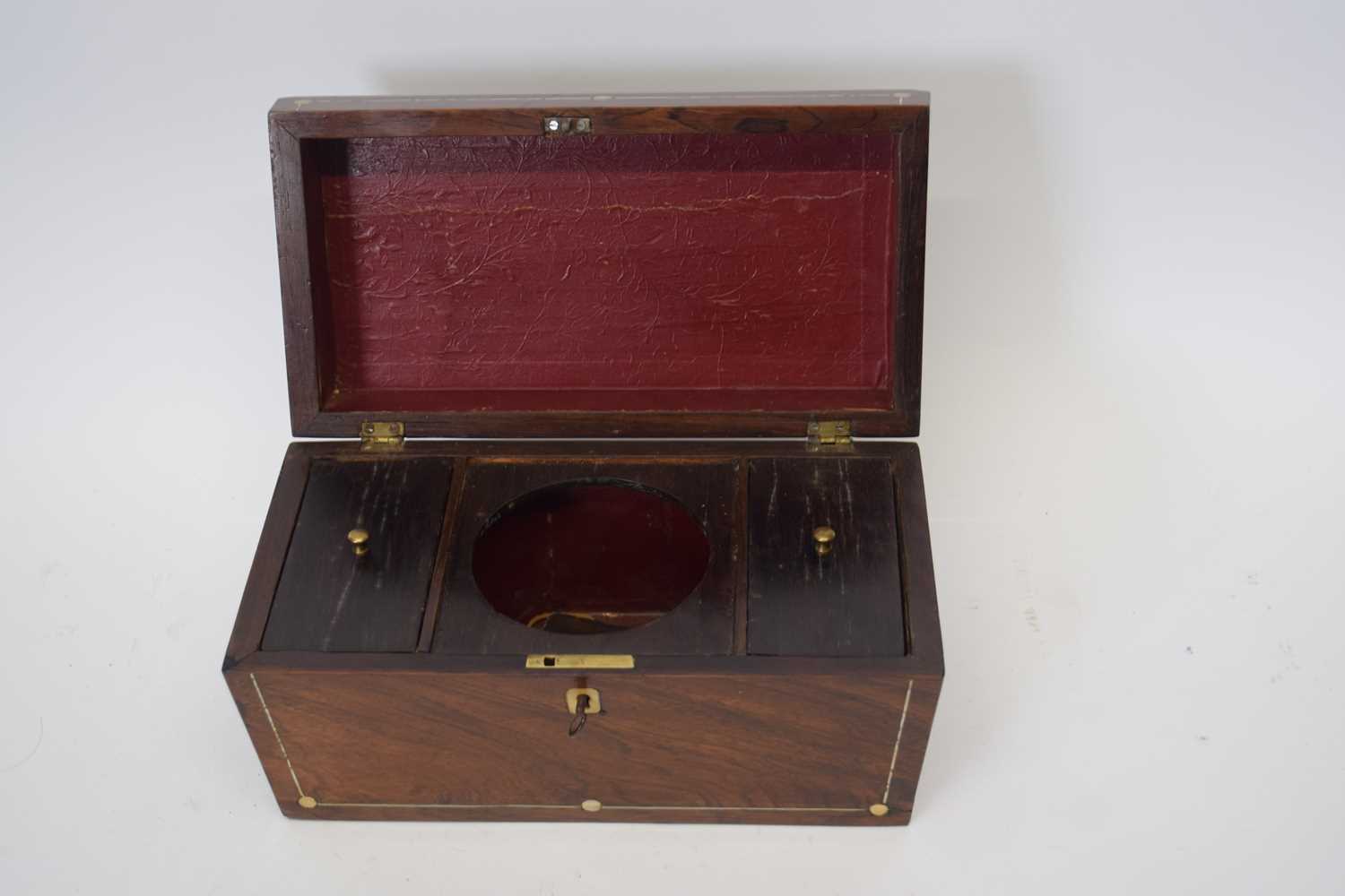 19th century rosewood and mother of pearl inlaid sarcophagus formed tea caddy with fitted - Image 2 of 2