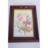 Framed porcelain plaque, possibly by A Holland, of flowers, 23cm x 15cm