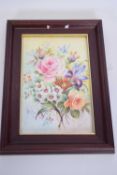 Framed porcelain plaque, possibly by A Holland, of flowers, 23cm x 15cm