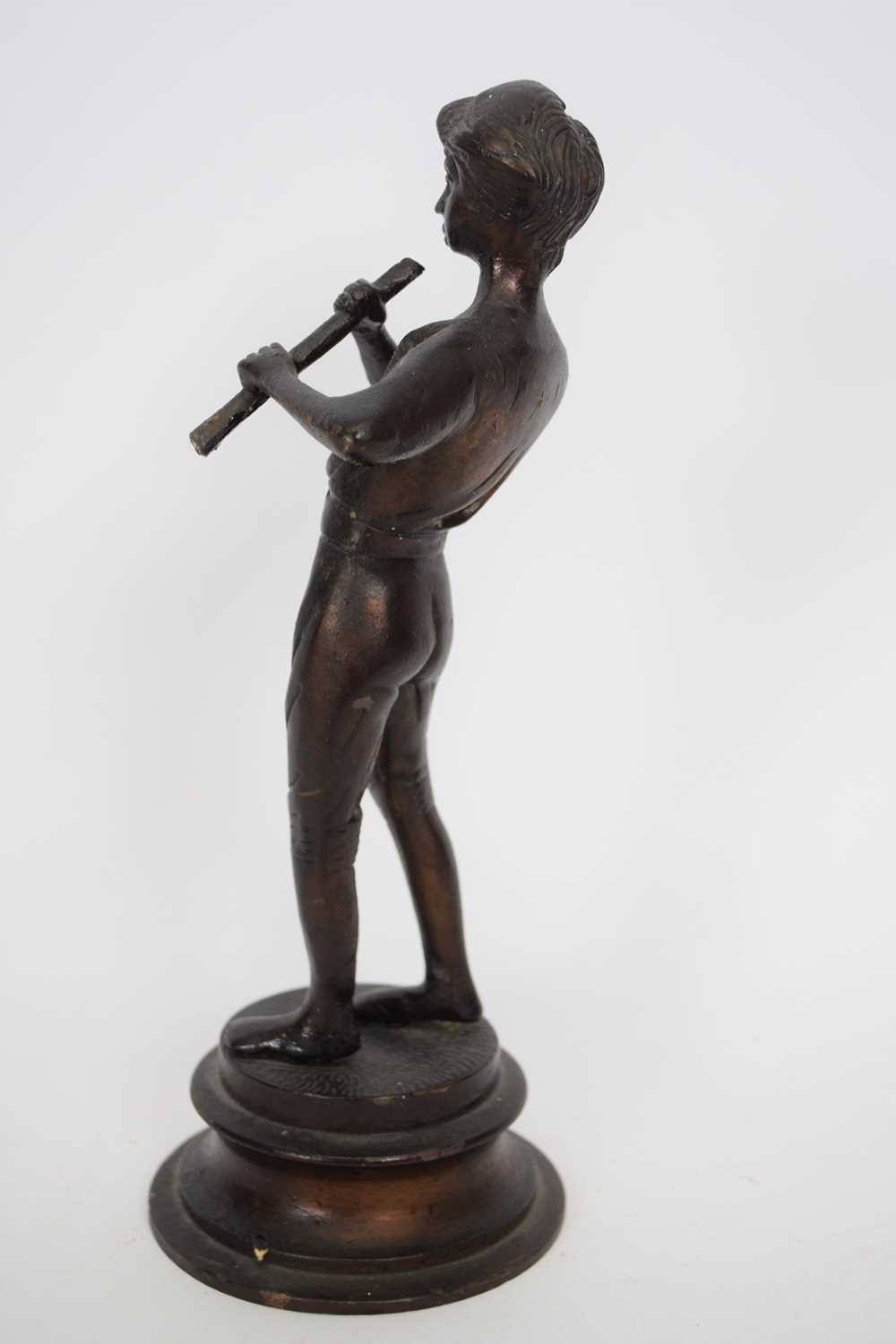 20th century bronzed metal model of a boy playing a flute, raised on a circular plinth base, 24cm - Image 2 of 3