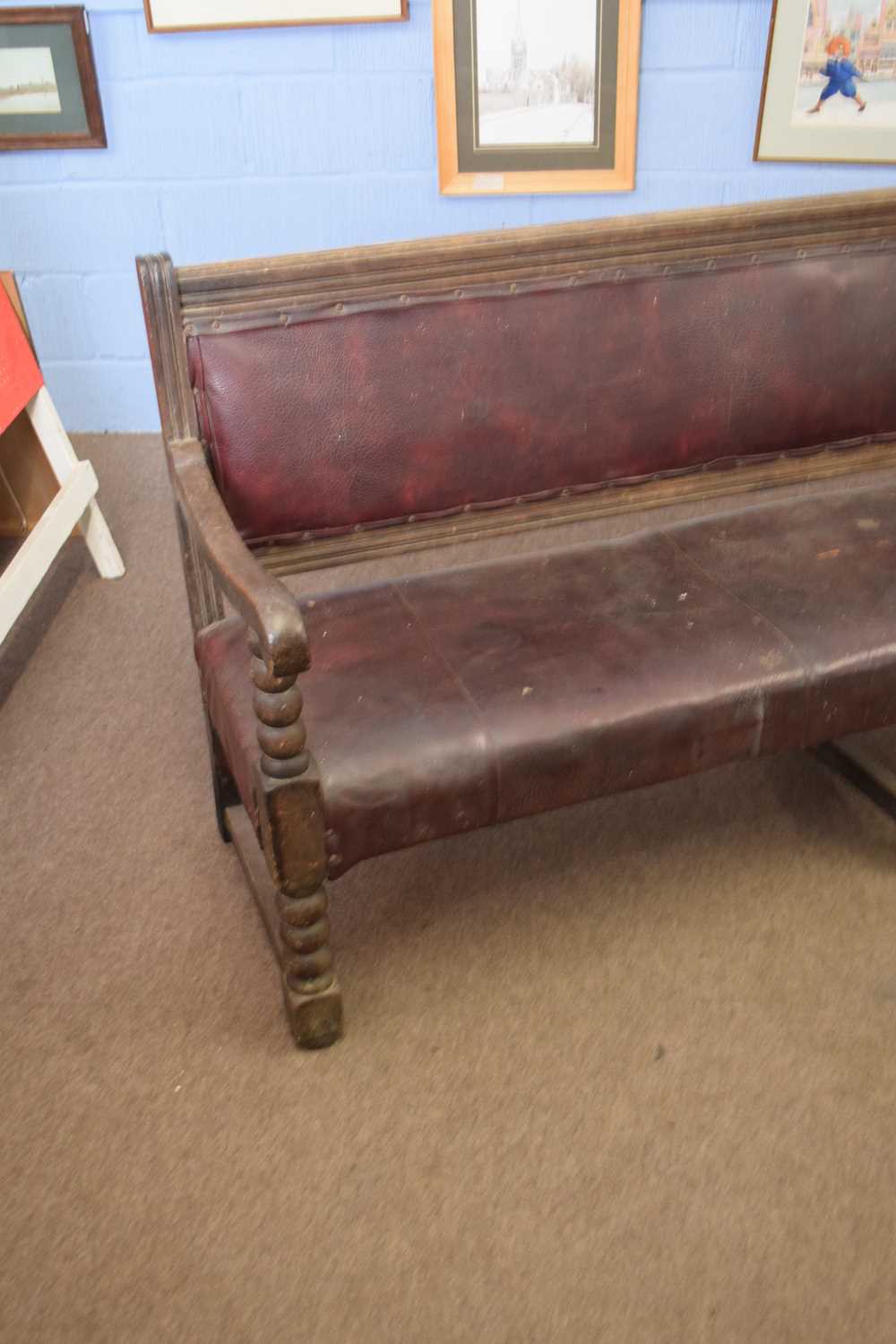 Victorian oak framed railway bench with upholstered seat and back, raised on bobbin turned legs, - Image 3 of 4