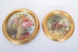 Pair of 19th century English porcelain plaques, one circular in gilt frame decorated with flowers, a