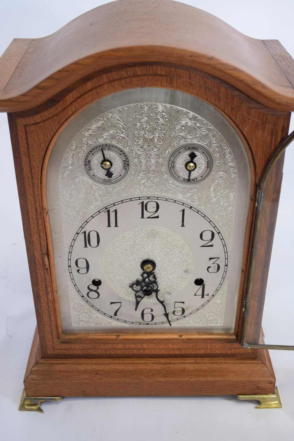 20th century German mantel clock, silvered dial with Arabic numerals, strike silent feature and a - Image 2 of 4