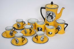 Carlton ware coffee set with a silhouette design on yellow ground, together with further similar