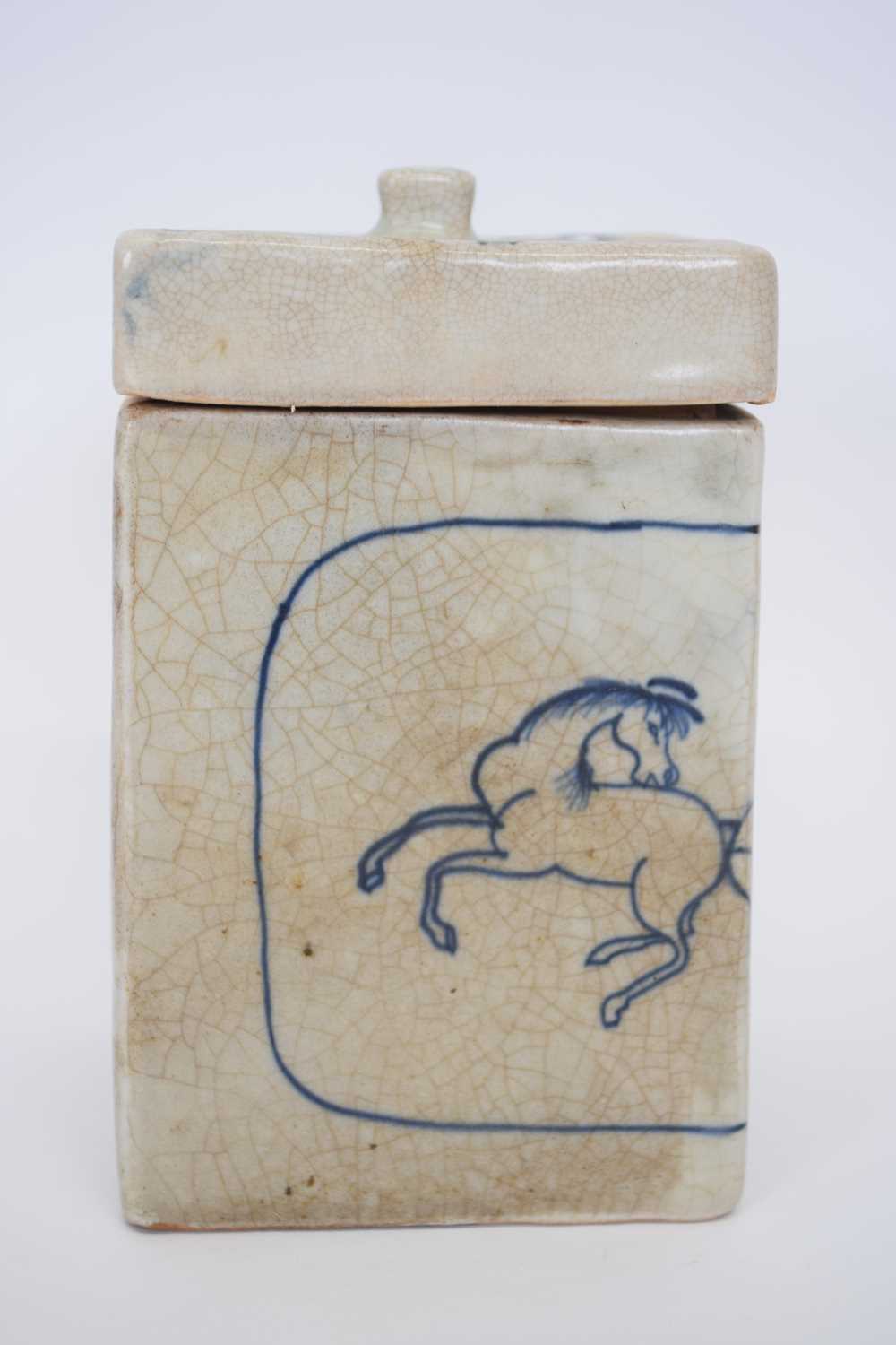 Chinese porcelain jar and cover with unusual decoration of horses, of square shape, 16cm high - Image 2 of 7