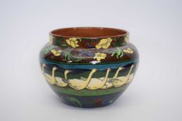 Foley Intarsio jardiniere decorated with a central panel of geese, (repair to rim), 16cm diam