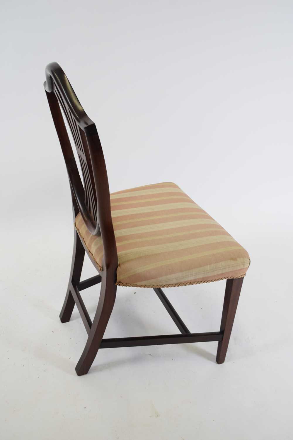 Mahogany framed shield back dining chair decorated with wheatsheaf detail and upholstered in striped - Image 2 of 4