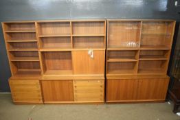 Group of three mid-century teak Scandinavian display and bookcase cabinets with shelved top sections
