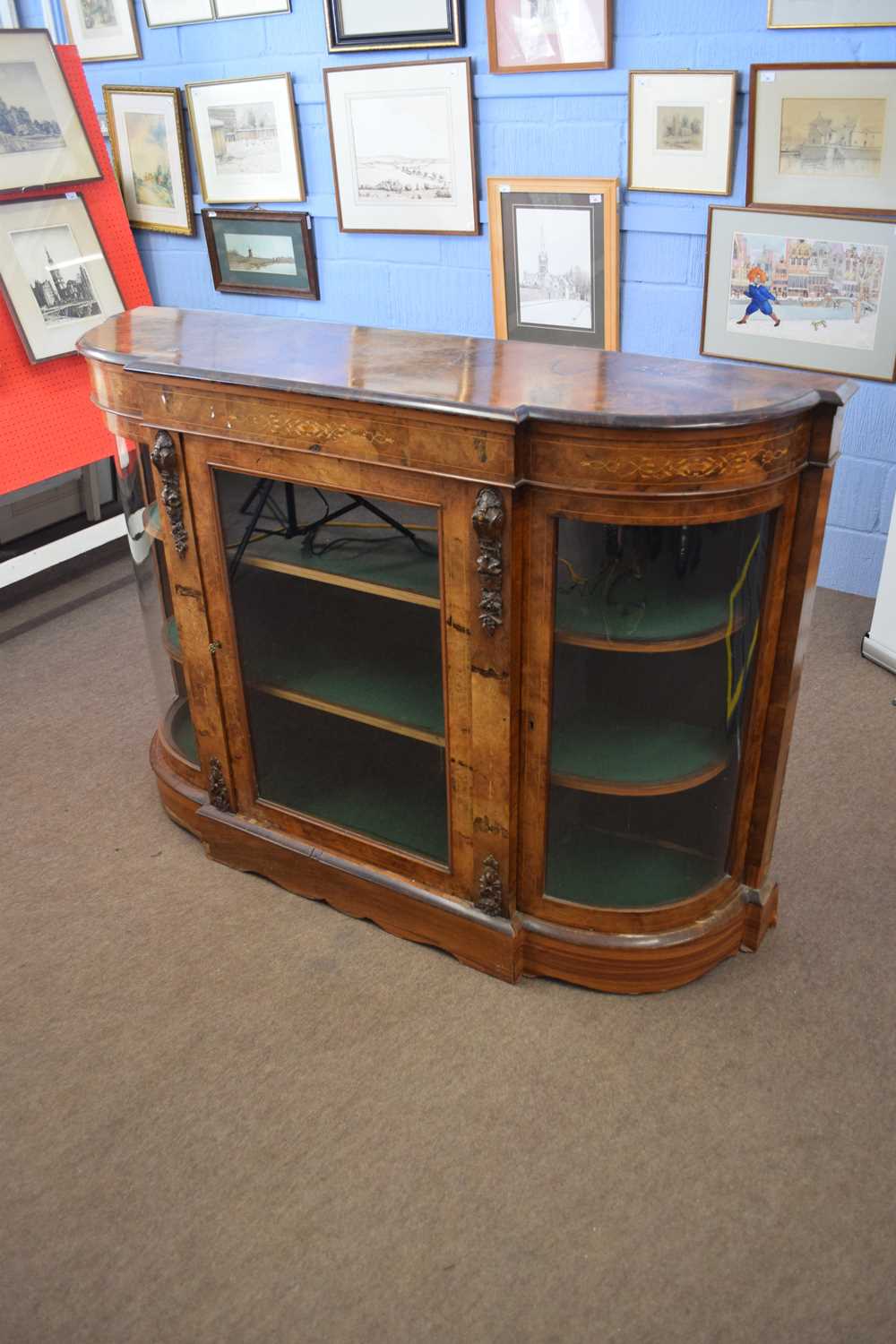 Victorian burr walnut veneered credenza cabinet with three glazed doors and applied mounts, raised - Image 2 of 4