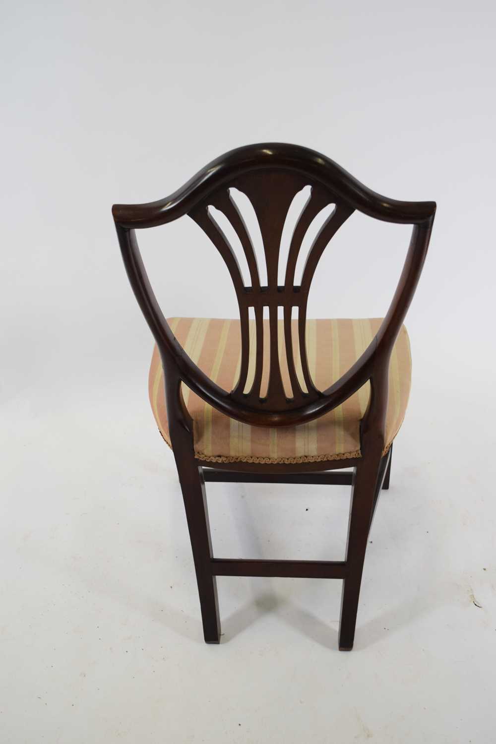 Mahogany framed shield back dining chair decorated with wheatsheaf detail and upholstered in striped - Image 3 of 4