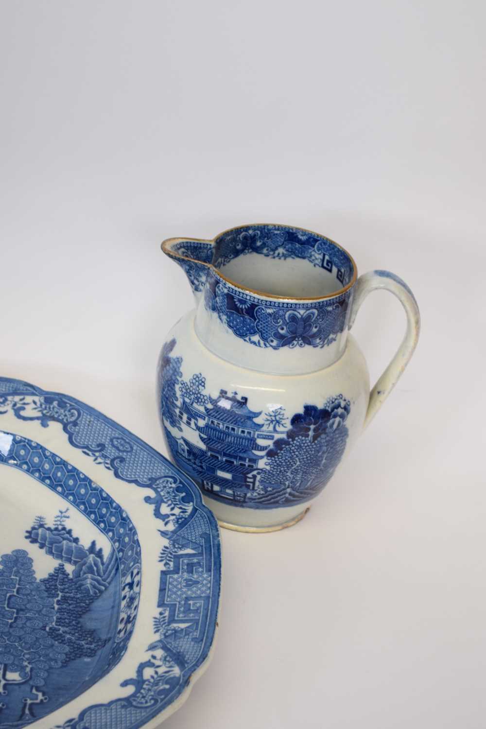 Large pearlware blue and white platter together with a pearlware jug, the platter 50cm long (2) - Image 2 of 3