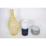 Group of three Art Glass vases including a cylindrical vase, large baluster vase with a chequered