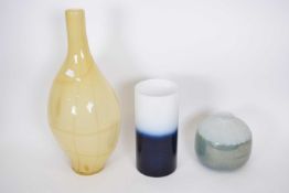 Group of three Art Glass vases including a cylindrical vase, large baluster vase with a chequered