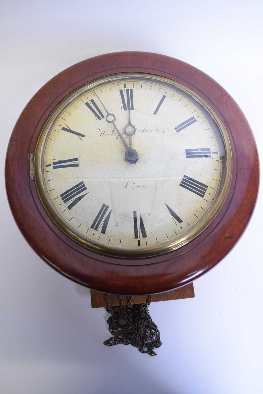 Waldfogel Lynn, 19th century postman's alarm type wall clock with circular face and later bracket