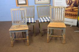 Two pairs of Swedish 19th century folk art type pine chairs with weathered blue painted finish, 87cm