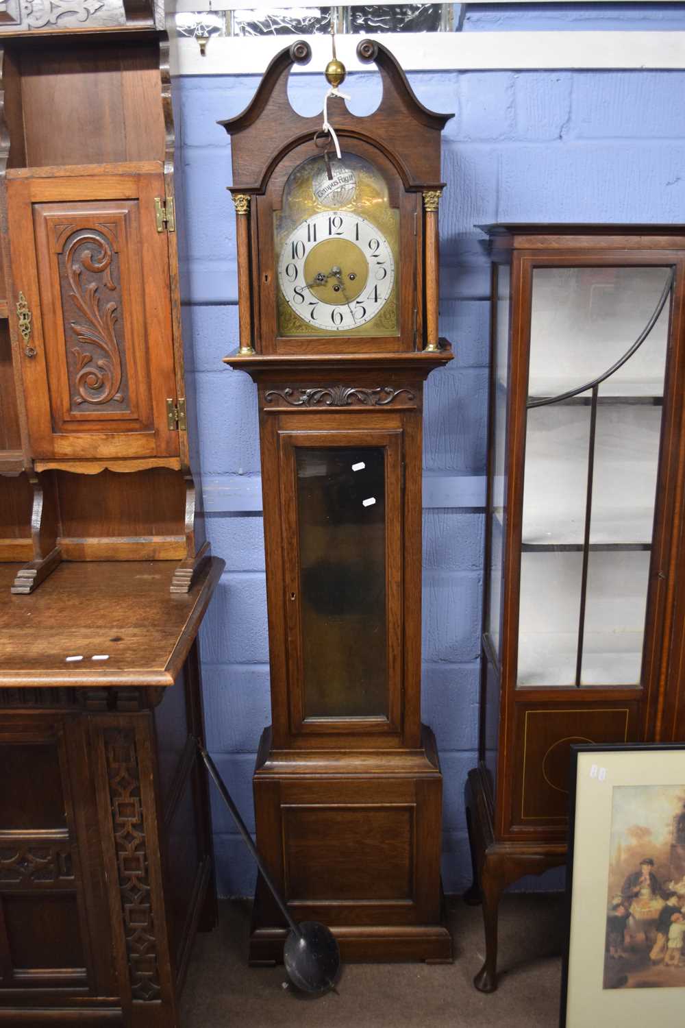 20th century Tempus Fugit longcase clock, the oak case with broken arch pediment and glazed trunk