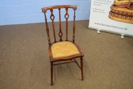 Arts & Crafts style side chair with slat back with heart decoration and upholstered seat raised on