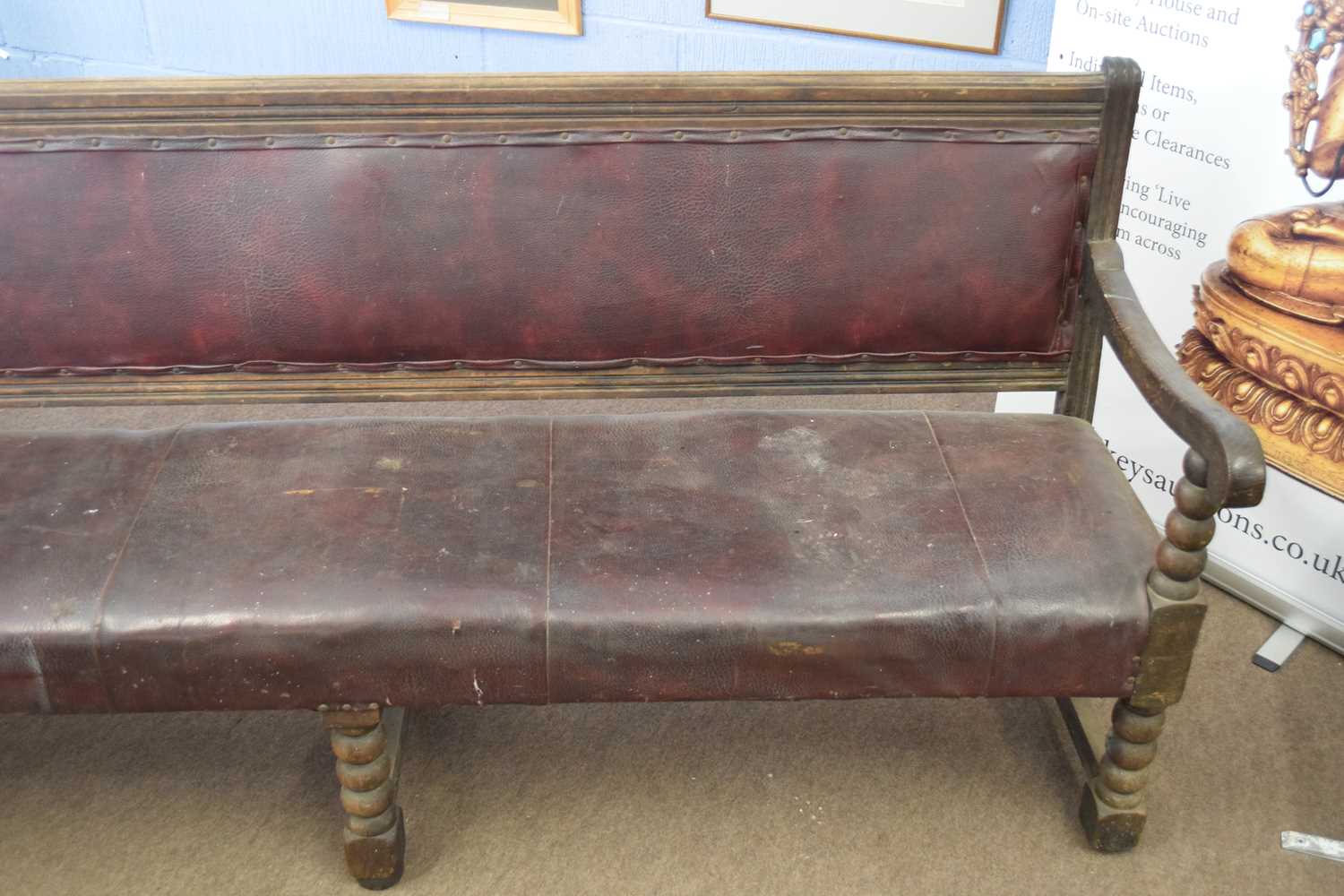Victorian oak framed railway bench with upholstered seat and back, raised on bobbin turned legs, - Image 4 of 4