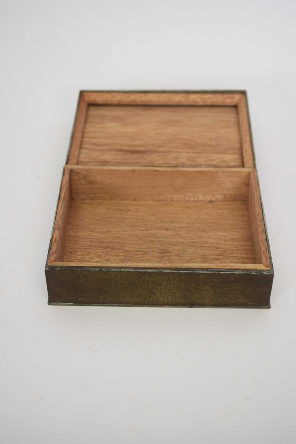 Chinese small box, with metal mounts and central soapstone roundel, 12cm diam - Image 2 of 3
