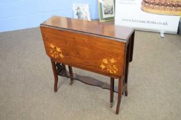 Late 19th century mahogany Sutherland table decorated with inlaid floral detail to the drop