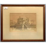 E.G. Wood (British, 20th century) Harbour scene, sepia wash, signed, 7.5insx10.5ins, framed and