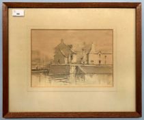 E.G. Wood (British, 20th century) Harbour scene, sepia wash, signed, 7.5insx10.5ins, framed and