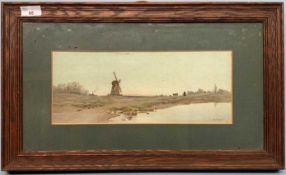 Albert Edward Bowers RA (British, 19th century),Windmill scene, watercolour, signed, 5.5 x13.5ins,