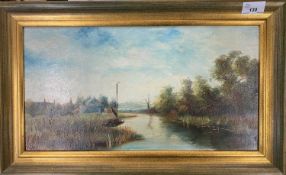 British, 20th century, Norfolk Broads with village in the distance, oil on board, indistinctly