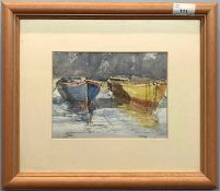 British, contemporary, moored boats, watercolour and pen, indistinctly signed in pencil, 6x8 ins,
