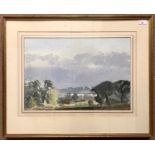 British, 20th century, landscape with woodland and buildings beyond, watercolour, unsigned,