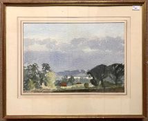 British, 20th century, landscape with woodland and buildings beyond, watercolour, unsigned,