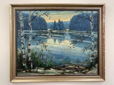 Daniel J. Izzard (Canadian, early 20th-early21st century) lake scene, oil on board, signed and dated